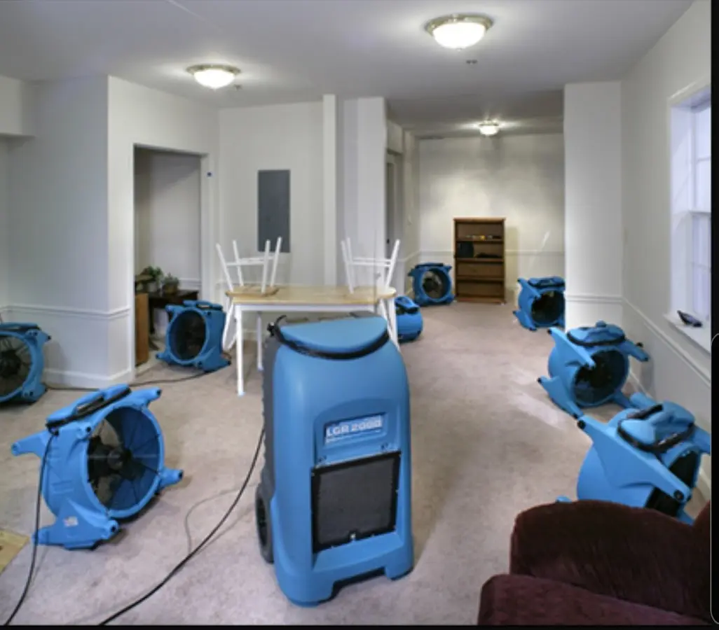 Air movers and dehumidifier setup for Water Damage Restoration in Mount Airy